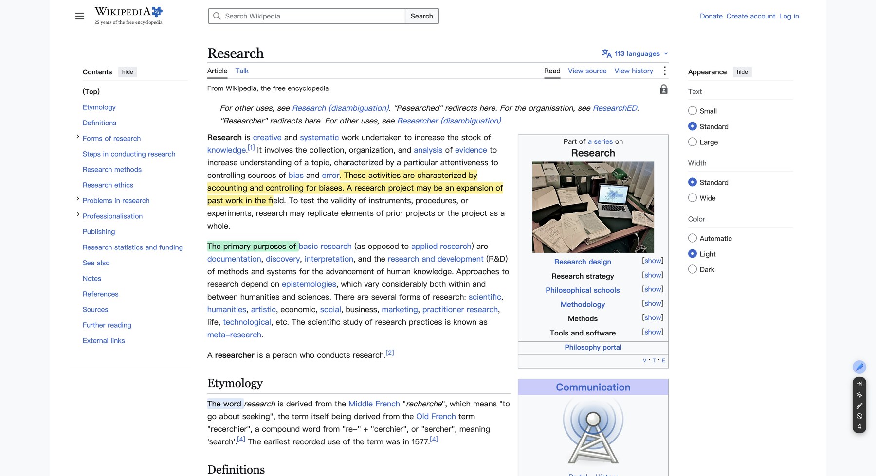 Color-coded highlights on a Wikipedia article — each color can carry its own meaning.